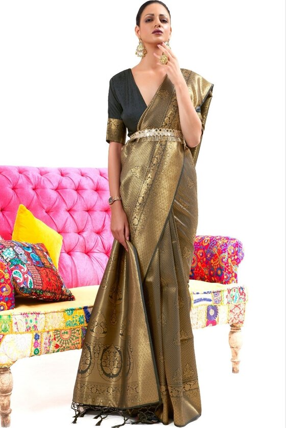 Golden & Black Woven Kanjivaram Silk Saree