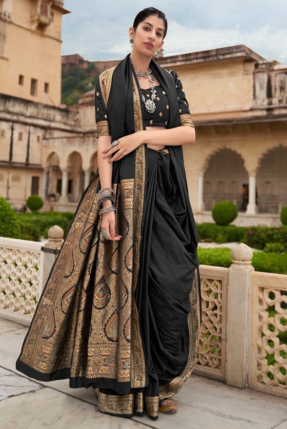 Black And Gold Woven Banarasi Silk Saree