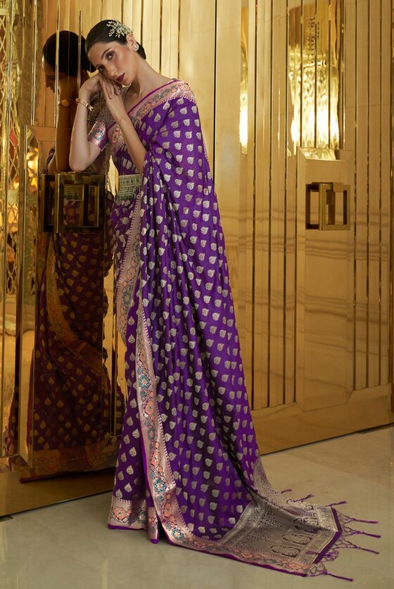 Aubergine Purple Woven Banarasi Saree With Brocade Blouse