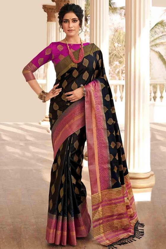 Coal Black Zari Butta Woven Banarasi Silk Saree