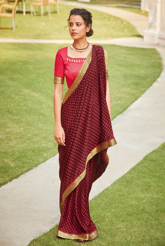 Maroon Printed Banarasi Silk Saree