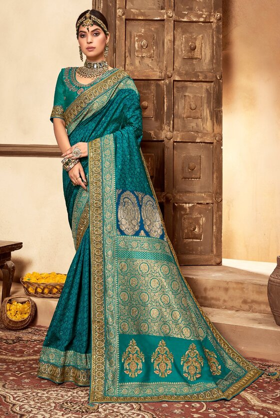 Harbor Blue Woven Banarasi Silk Embroidered Saree