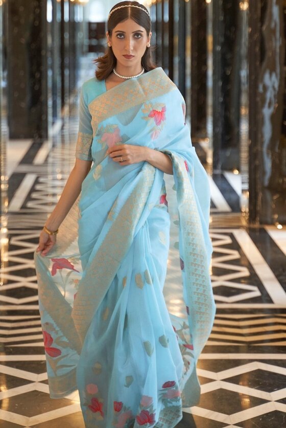 Blue Zari Woven Linen Silk Saree