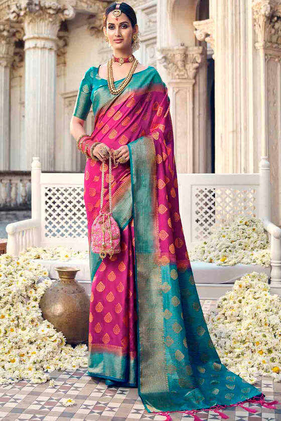 Fuschia Pink Floral Zari Woven Raw Silk Saree