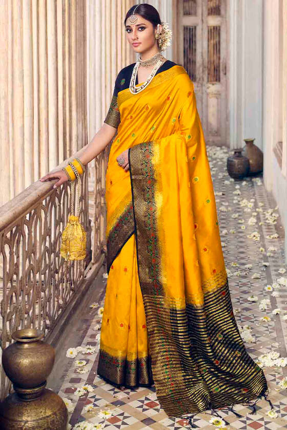 Saffron Yellow Floral Zari Woven Raw Silk Saree