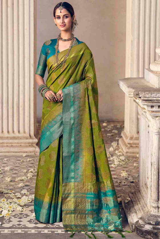 Pickle Green Floral Zari Woven Raw Silk Saree