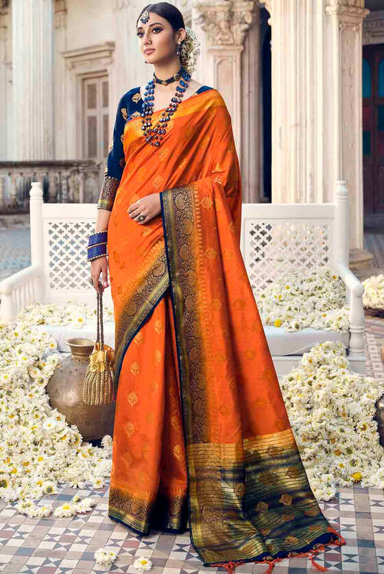 Blaze Orange Floral Zari Woven Raw Silk Saree