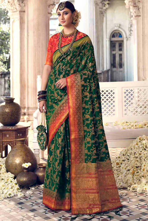 Dark Green Floral Zari Woven Raw Silk Saree