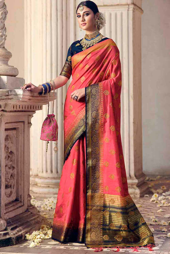 Punch Pink Floral Zari Woven Raw Silk Saree