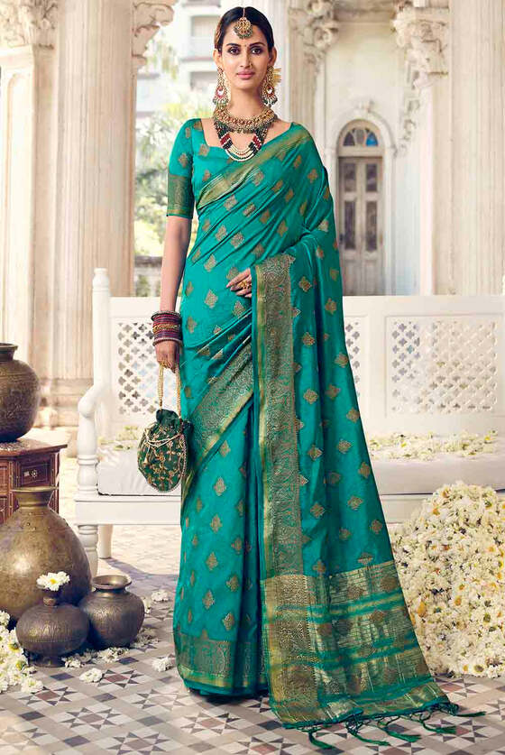 Teal Green Floral Zari Woven Raw Silk Saree