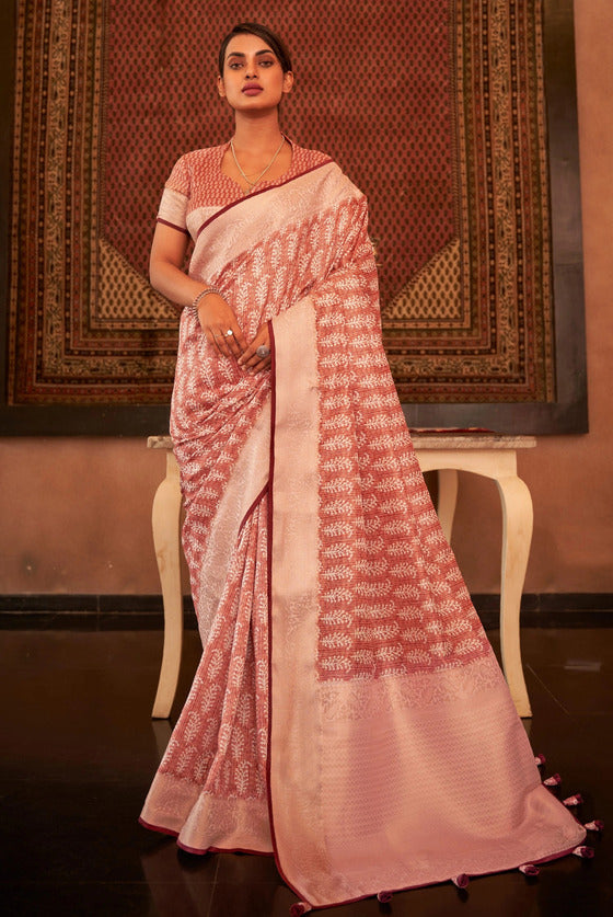 Peach Pashmina Silk Printed Saree with Weaving