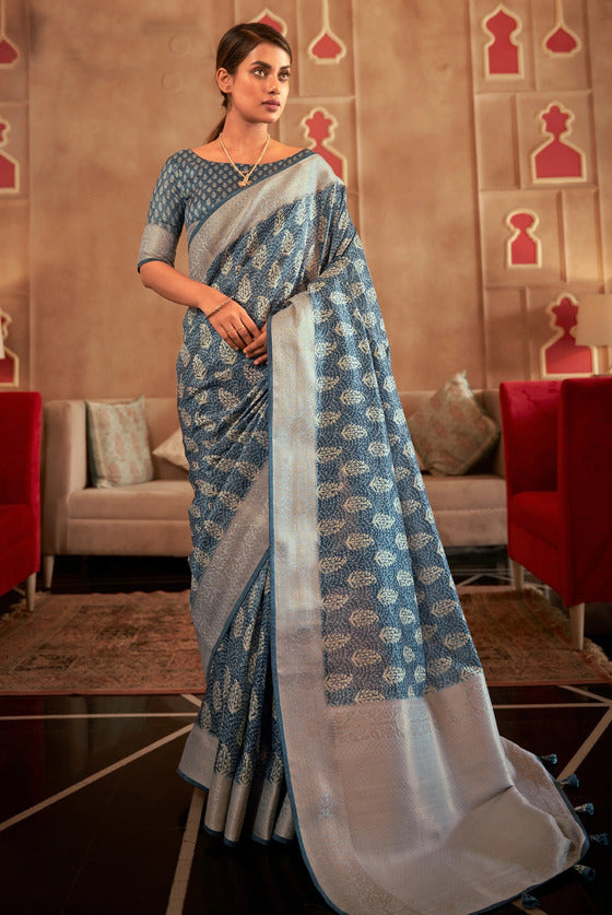 Blue Pashmina Silk Woven Saree