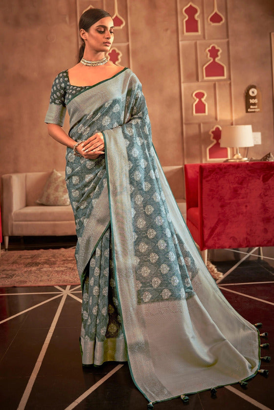 Grey Pashmina Silk Woven Border and Pallu Saree