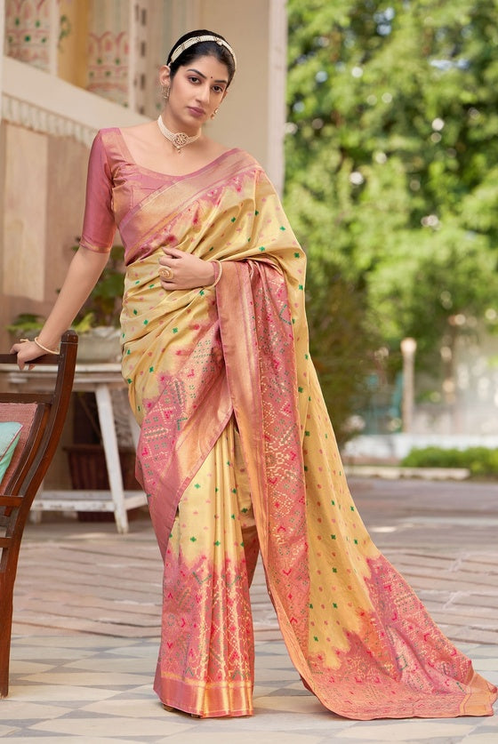 Beige Patola Saree With kanjivaram Border & Blouse