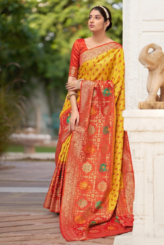 Yellow Patola Saree With kanjivaram Border & Blouse