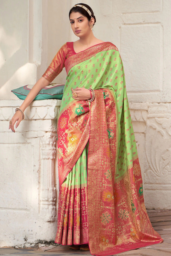 Green Patola Saree With kanjivaram Border & Blouse