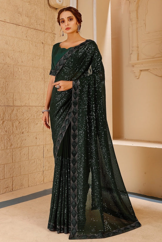 Dark Green Georgette Sequinned Saree