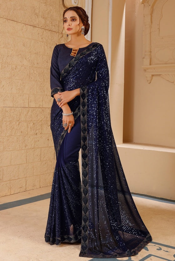 Blue Georgette Sequinned Saree