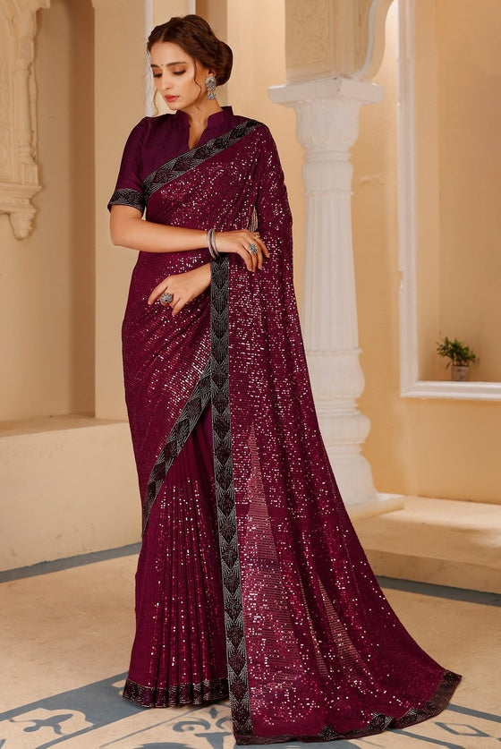 Wine Purple Georgette Sequinned Saree