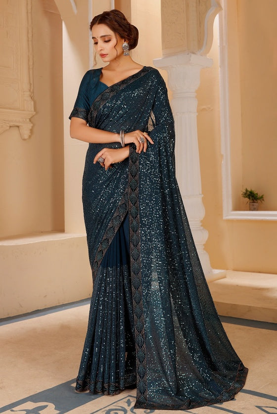 Rama Blue Georgette Sequinned Saree