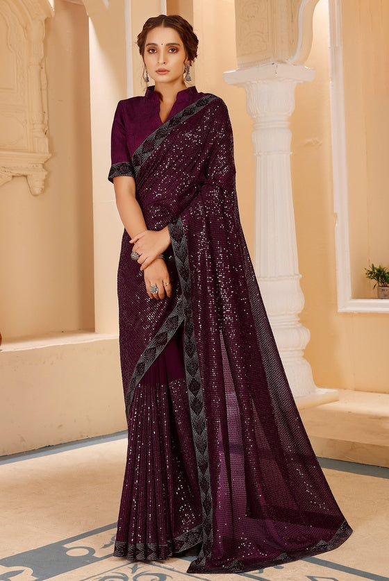 Dark Purple Georgette Sequinned Saree