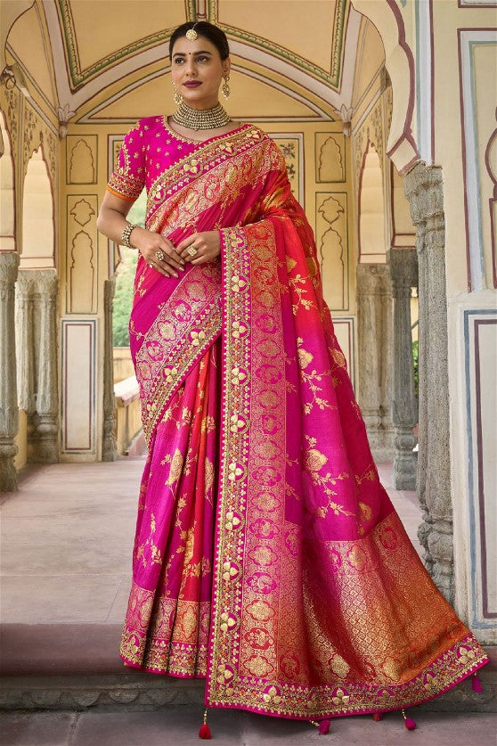 Pink and Orange Viscose Silk Saree with Elephant and Bird Motifs