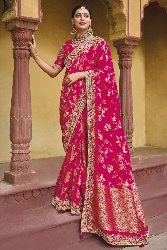 Pink Viscose Silk Traditional Woven Saree
With Embroidered Border And Blouse