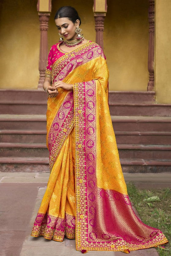 Yellow Viscose Silk Traditional Saree With Embroidered Border And Blouse