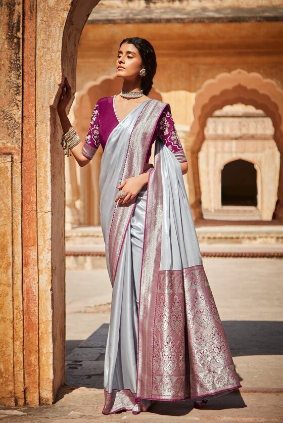 Grey Banarasi  Saree with Threadwork Blouse