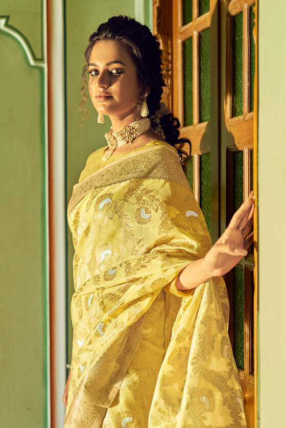 Yellow Exclusive Banarasi Linen Saree