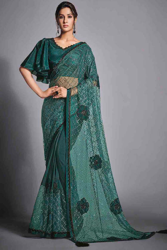 Teal Green Designer Lycra Saree With Sequins Embroidery & Applique Work