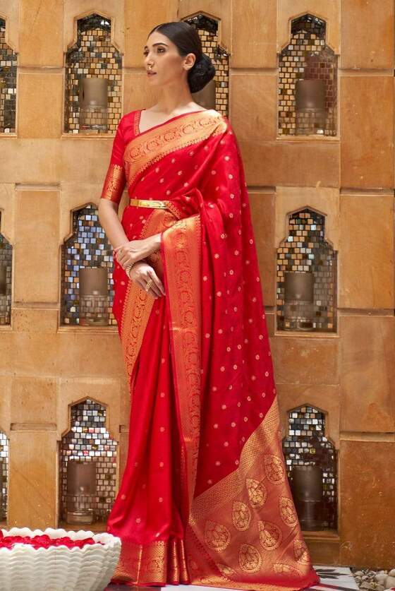 Red Zari Woven Self Embossed Kanjivaram Silk Saree