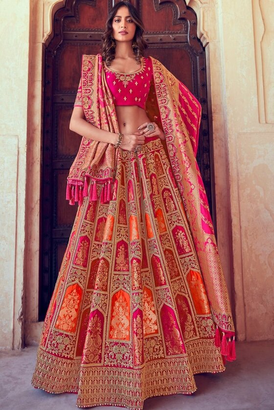 Rose Pink Banarasi Silk Lehenga Choli With Heavy Embroidery Blouse & Border