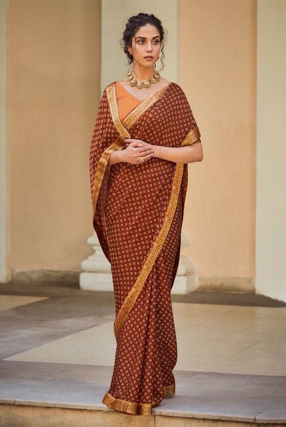 Russet Brown Printed Banarasi Silk Saree