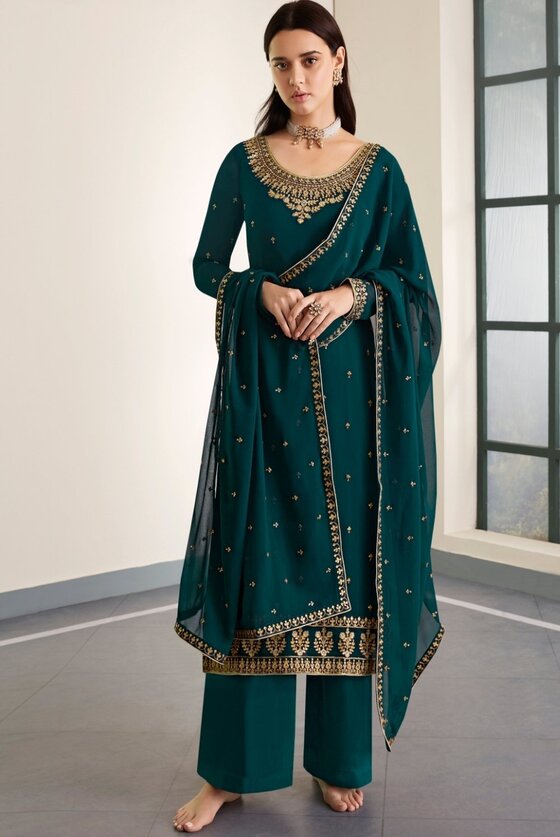 Peacock Blue Georgette Embroidered Anarkali Suit