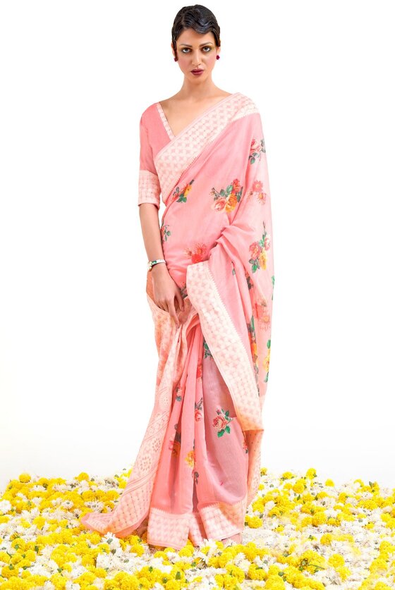 Blush Pink Lucknowi Linen Saree with Digital Print