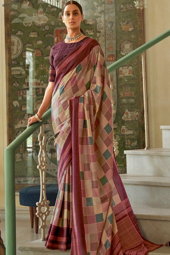 Shades Of Brown Designer Check Red Silk Saree