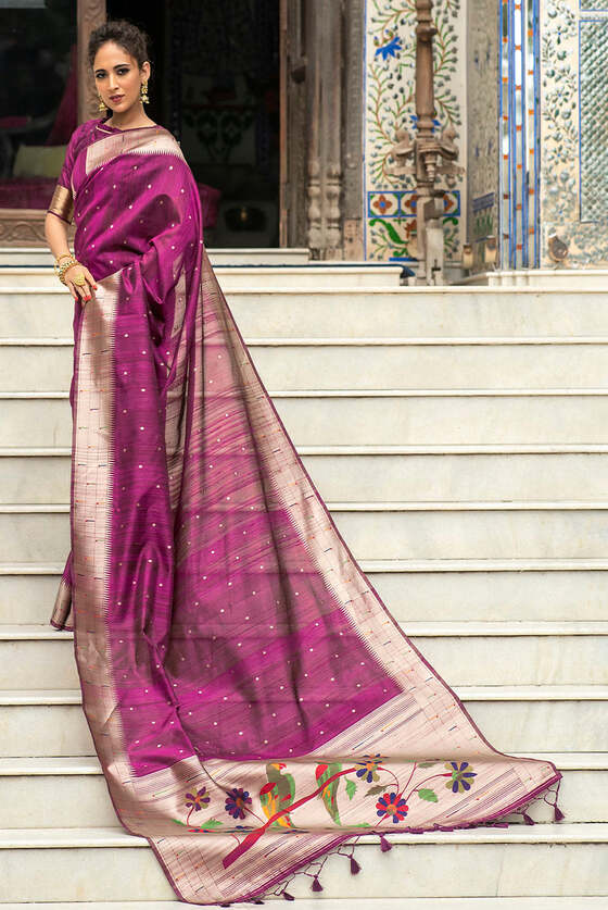 Lollipop Purple Tussar Silk Zari Woven Saree With Paithani Border And Pallu