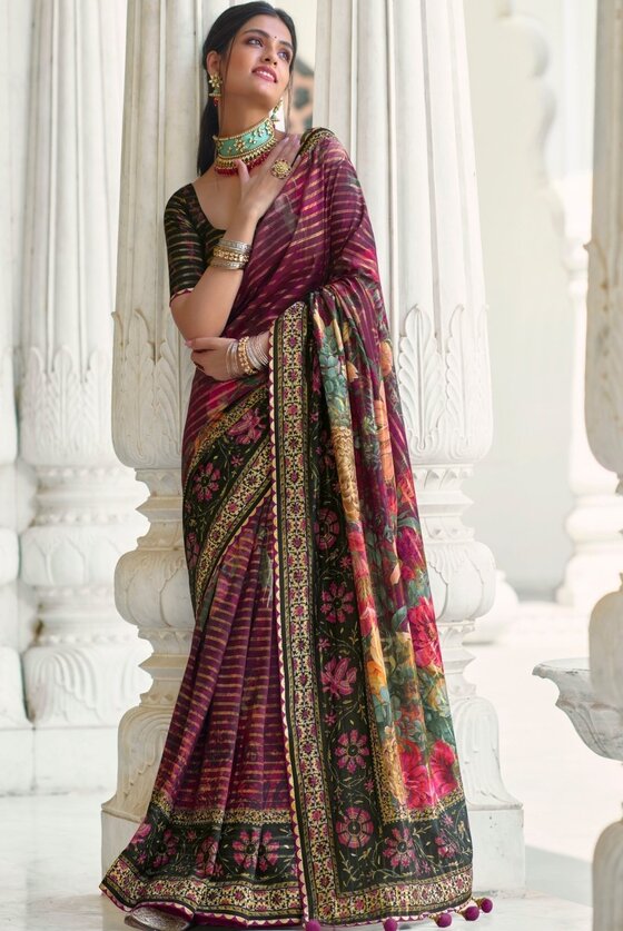 Magenta Purple Floral Digital Print Silk Saree