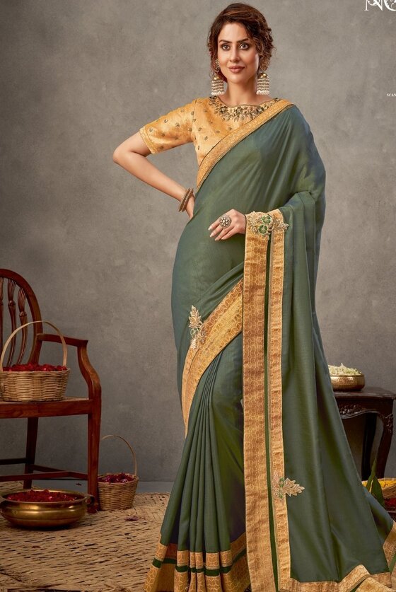 Glade Green Tussar Silk Saree With Resham, Sequins Embroidery & Handwork Butta