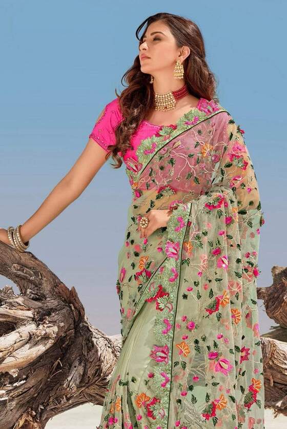 Olive Green Net Designer Saree