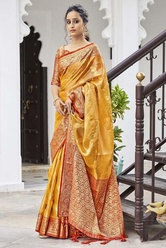 Mustard Yellow Woven Tissue Silk Saree With Banarasi Border & Pallu