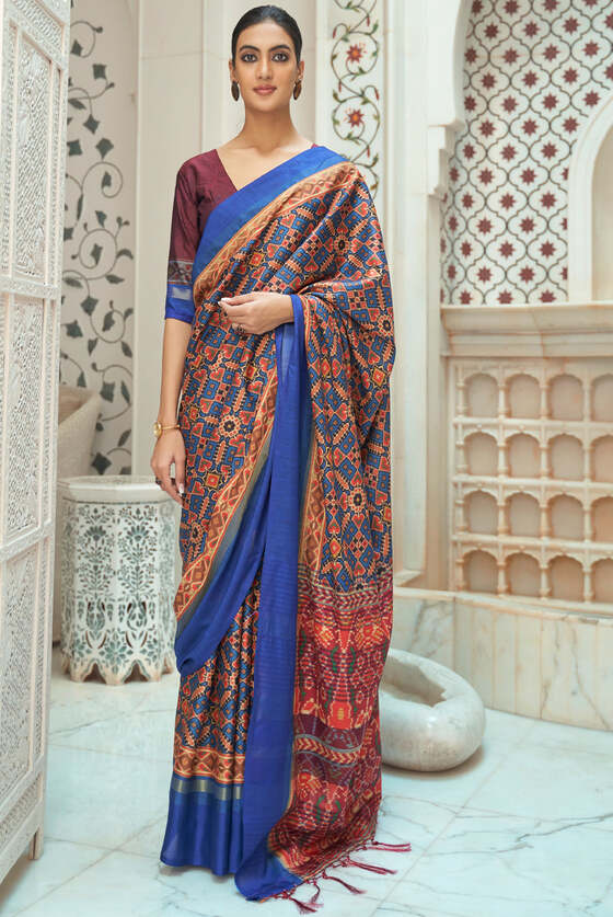 Azure Blue Digital Patan Patola Printed Silk Saree