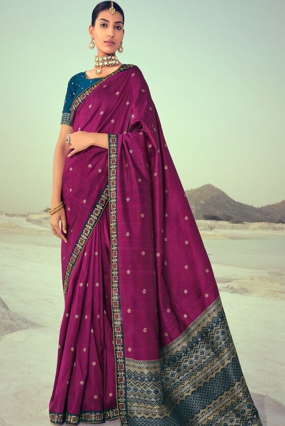 Dark Orchid Purple Woven Banarasi Silk Saree With Embroidered Border & Swarovski Work