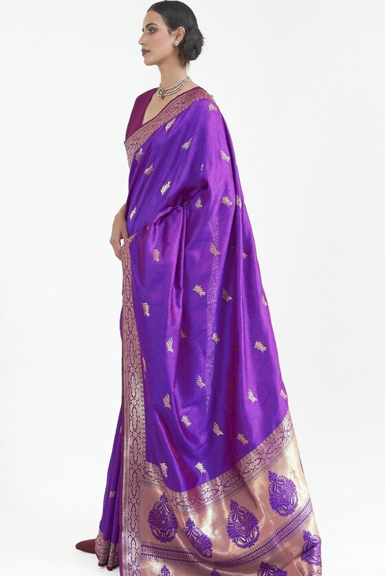 Purple Zari Woven Self Embossed Banarasi Silk Saree