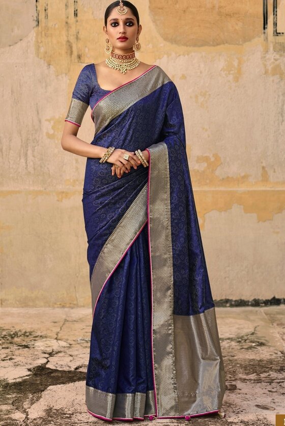 Indigo Blue Self Embossed Zari Woven Banarasi Silk Saree