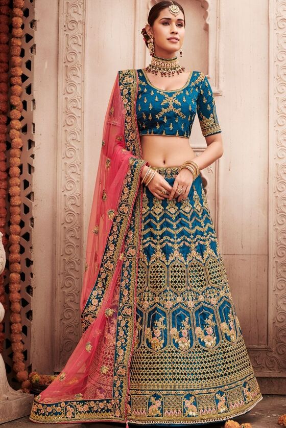 Prussian Blue Embroidered Silk Lehenga Choli