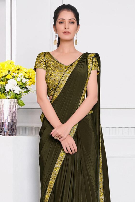 Uniform Green Ready to wear designer Lycra Silk saree