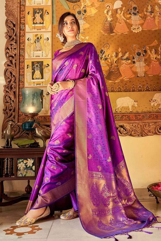 Darkviolet Purple Woven Self Embossed Banarasi Silk Saree