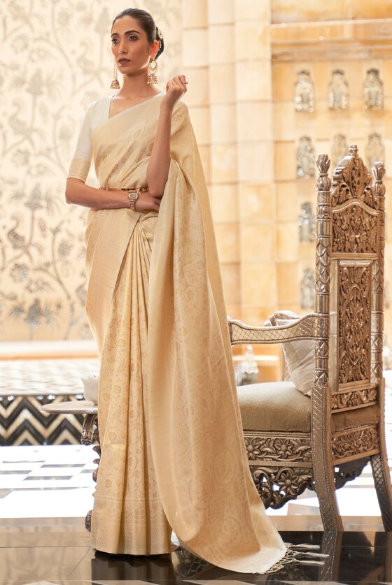 Ivory Zari Woven Traditional Kanjivaram Saree